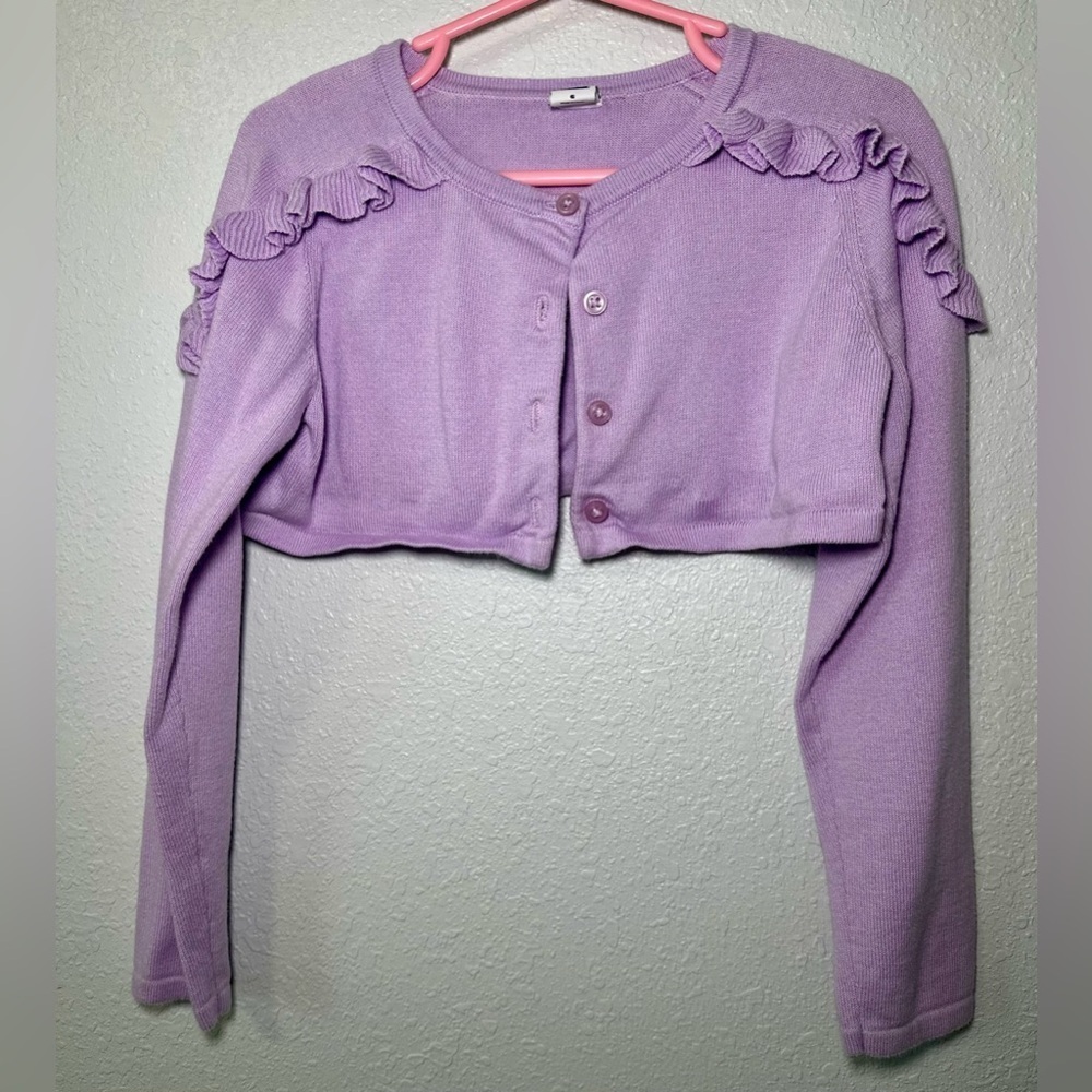 Janie & Jack Cardigan Sweater Girls sz 6 Lavender Cropped Ruffle Long Sleeve - Picture 3 of 5